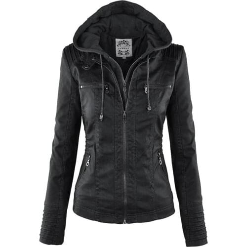 Fashion Faux Leather Jacket Women 2021 Hoodies Winter Autumn Motorcycle Jacket Black Outerwear Faux Leather PU Basic Jacket Coat