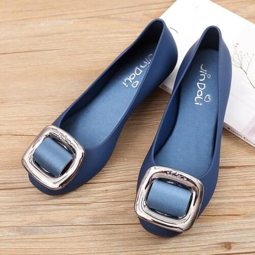 Square Buckle Ladies Sandals Jelly Shoes Summer New Solid Color Plastic Flat Comfortable Waterproof Non-Slip Beach Shoes