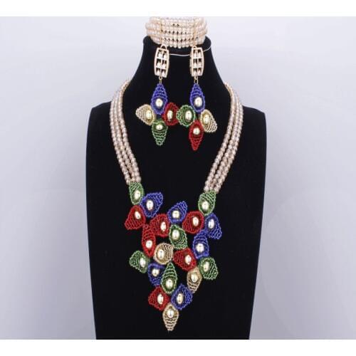 African Jewelry Set Beads Mix Color Handmade Flowers Nigerian Beads Necklace Jewelry Set For Weddings Crystal Free Shipping 2018