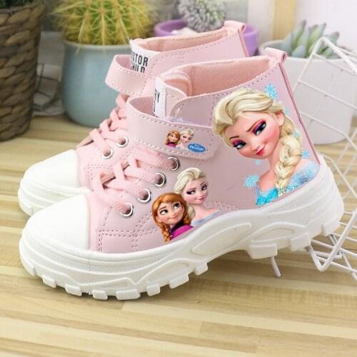 Disneys new leather small white shoes girls shoes high-top Martin boots 2021 autumn winter fashion childrens princess shoes