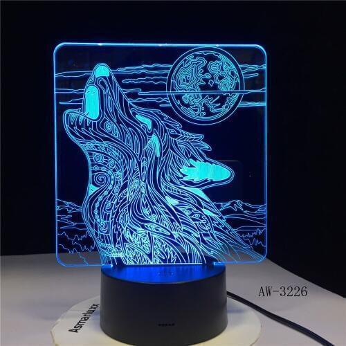 New Full-moon Night Howl Wolf 3D LED Acrylic RGB Night Light USB Touch Control Home Kids Desk Lamp Child Christmas Gift AW-3226