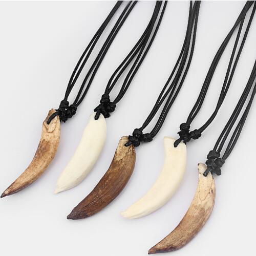 1pcs Real White Brown Wild Boar Teeth/Tooth Pendant Necklace Wax Cotton Cord Tribal Adjustable Necklace