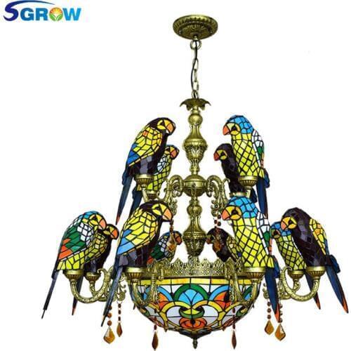 SGROW 12 Heads Hand-made Glass Birds Chandeliers Tiffany Hanging Lamp Parrot Lampshade Indoor Lighting Fixture for Living Room