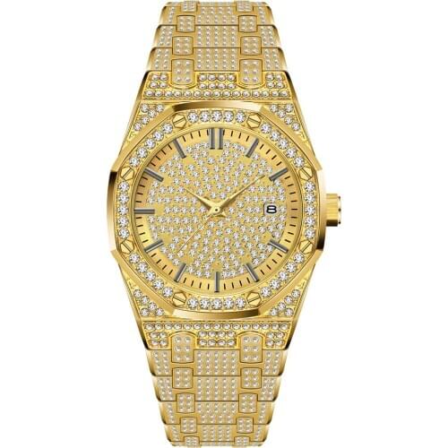 Bling Full Diamond Stones 18K Gold Watch for Men Top Brand Luxury Iced Ice Out Hip Hop Men Wrist Watches Auto Date Wristwatch