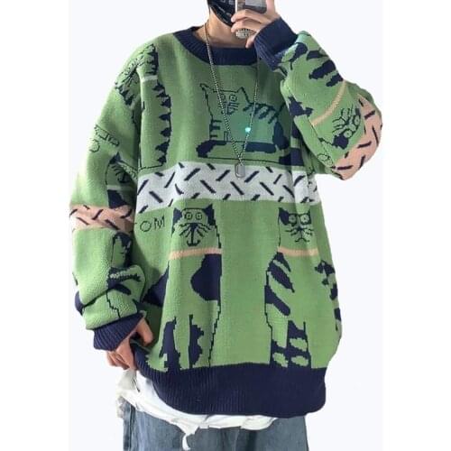 VIANKANI Cartoon Mens Pullover 2021 Winter Warm Casual O-Neck Full Cat Korean Fashion Oversized Loose Couple Oversized Sweater