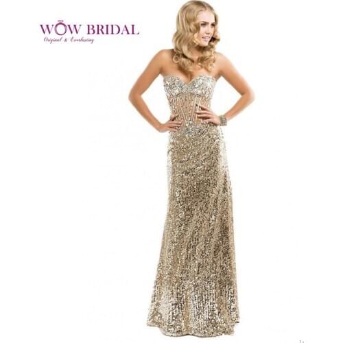 Wowbridal Bling Bling Evening Dresses Sweetheart Strapless Crystal Sheer Sheath A-Line Sequined Sweep Train Long Women Gowns