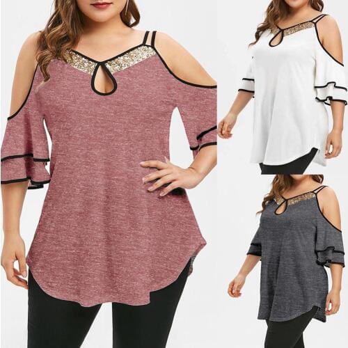 Plus Size Women Sequins Neck Cold Shoulder Ruffled Sleeve Irregular Hem Blouse Solid color easy to pair with variety of pants