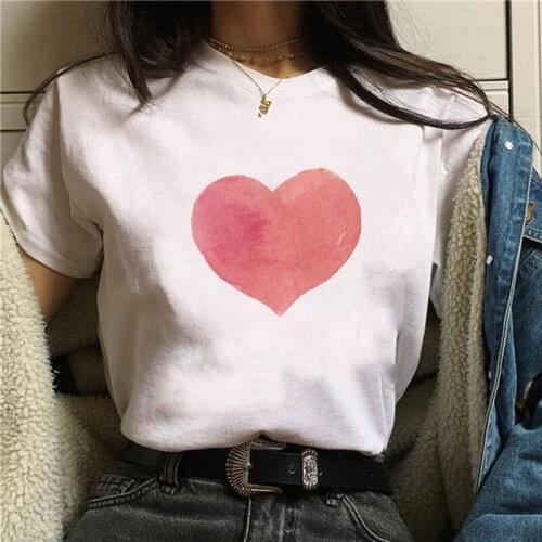 Pink Heart Pringt Women Tshirt Tops Harajuku Sweet Cute Lovely Women Tee Shirts Short Sleeve Female White Tops Femme