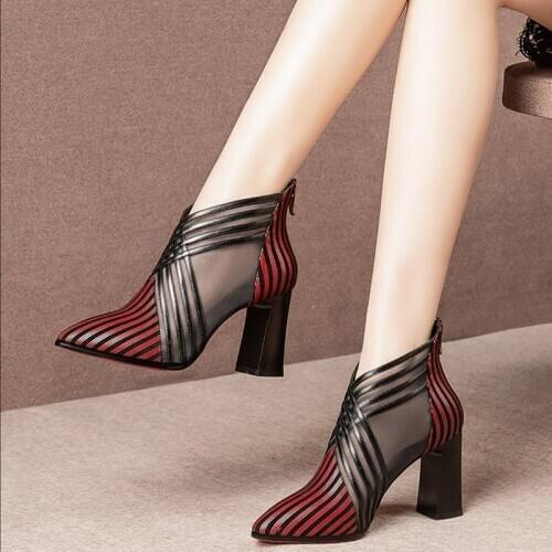 Female Red Boots Women Heel Ankle Boots For Womens 2021 Zip Fashion Shoes Mesh Female High Heels Pointed Toe Elegant Footwear