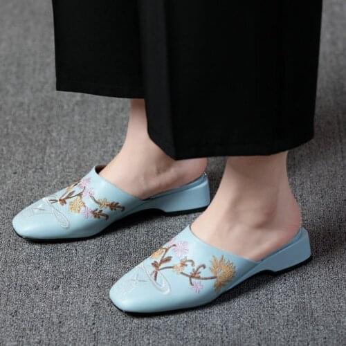 AGODOR Women Square Toe Mules Shoes Outdoor Pumps Low Heel Fashion Backless Slippers Ladies Embroider Pumps Shoes Size 33-43