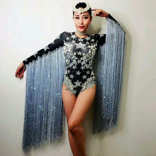 Glish Tassel Crystal Bodysuit Rhinestones Stage Outfit Leotard Nightclub Female Singer Dj Performance Show Party Dance Wear