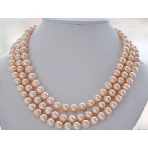 Hot sale AZ5870 NATURAL 3row 17-19" 8-9mm pink round FRESHWATER CULTURED pearl necklace a