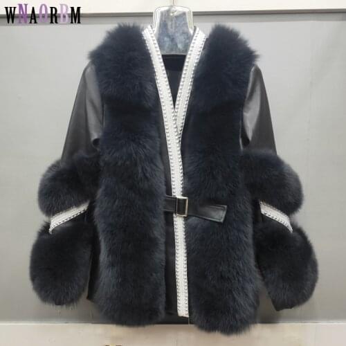 100% natural real fox skin womens coat + real sheepskin leather jacket long sleeve with diamond Belt, button free