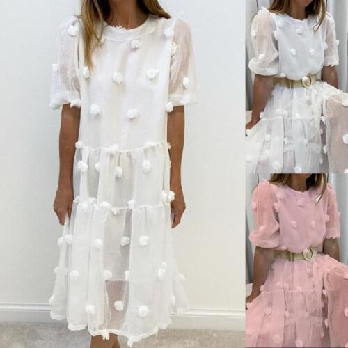 Ladies Dress Puff Sleeve Loose Casual Net Yarn Small Flower Ball Dress for Beach Female Elegant Party Dress Princess Women Dress