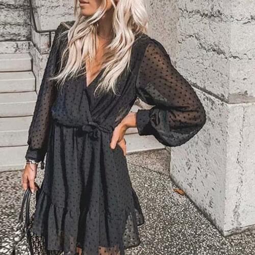 2021 New See Through Long Sleeve Womens Dress Fashion V Neck Ruffle Female Dresses Casual Elegant Light Chiffon Tie Up Skirts