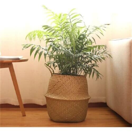 1pc Foldable Natural Seagrass Woven Storage Basket Pot Garden Flower Vase Hanging Wicker Basket Bellied Basket Household Storage