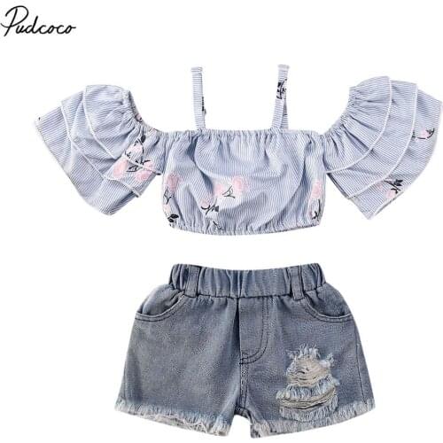 2020 Fahion 2pcs Toddler Baby Kids Girl Clothes Sets Off Shoulder Floral Striped T-shirts Tops+Denim Holes Shorts Outfits Set