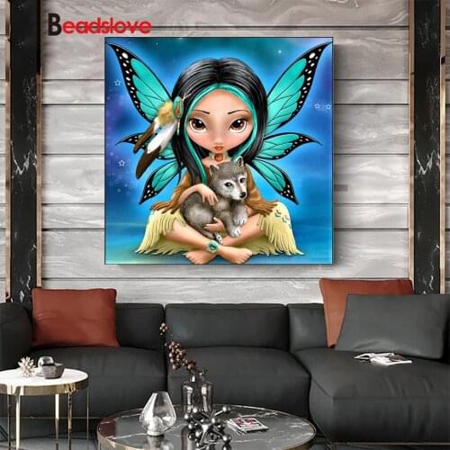 Diy 5D Diamond Painting Cartoon Butterfly Fairy With Little Wolf Cub Full Square Round Drill Mosaic Embroidery Cross Stitch