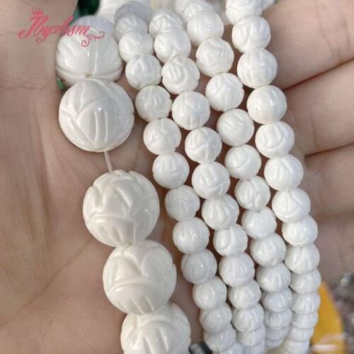 White Tridacna Shell Beads Grade AA Carved Lotus Natural Stone Beads for DIY Women Men Necklace Bracelet Jewelry Making 15"