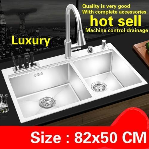 Free shipping Luxury kitchen manual sink double groove food-grade 304 food grade stainless steel big standard hot sell 82x50 CM