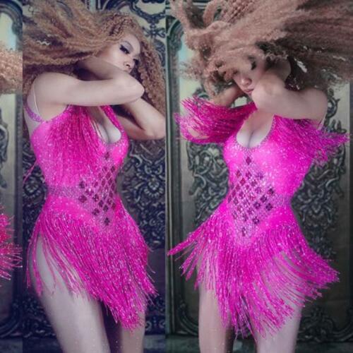 Red Silver Blue Rose Tassels Glass Crystals Bodysuit Shining Rhinestones Bodysuits Sexy Female Nightclub DS Costume singer dance