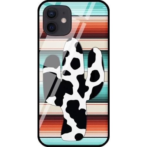 Funny Serape cow print Cactus Turquoise Tempered Glass Case For iPhone 11 Pro Max XS 12 mini SE 7 8 Plus X XR Shell Cover Coque