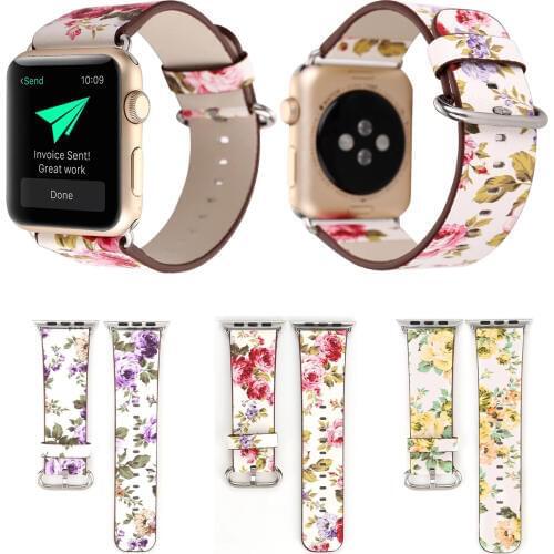 Pink Yellow Purple Flower Leather Strap for Apple Watch Series 5 4 3 2 1 Band Floral Bracelet for iWatch 38 40 42 44mm Watchband