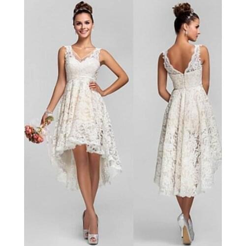 2021 Hot Sale Short Lace Bridal Wedding Dresses High Low V Neckline Sleeveless Wedding Gowns for Bride Back Out Affordable