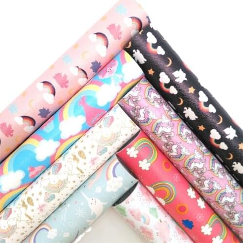 Glitterwishcome Rainbow Unicorn Printed Synthetic Leather Faux Fabric Sheets Felt Backing Accessories Bows DIY 21X29CM GM2118A