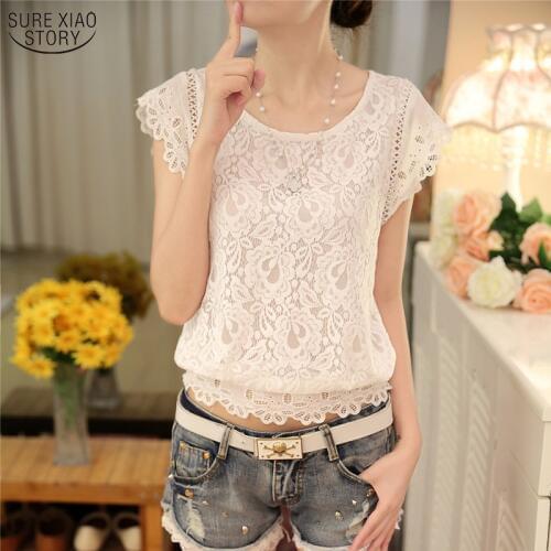 New 2017 summer fashion hot sale Korean women tops plus size short sleeved white blouse Lace Chiffon female slim shirt 01A 25
