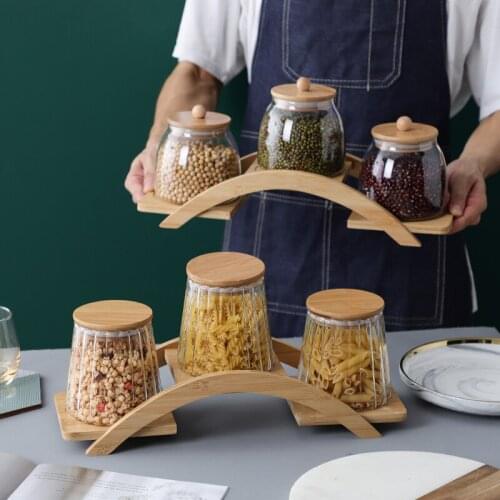 New European style glass sealed cans with bamboo and wood shelves for household dust-proof and moisture-proof snack storage cans