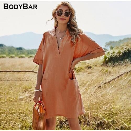Casual Short Sleeve Dresses With Pocket Summer V-neck Oversize Solid Color Women Maxi Dress For Beach Holiday Daily Wear Vestido