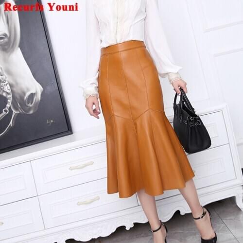 RYS0345 Women Genuine Leather High Waist Fishtail Skirt Female Orange/Black Patchwork Wrap Jupe Mujer 70 cm Long Pleated Faldas