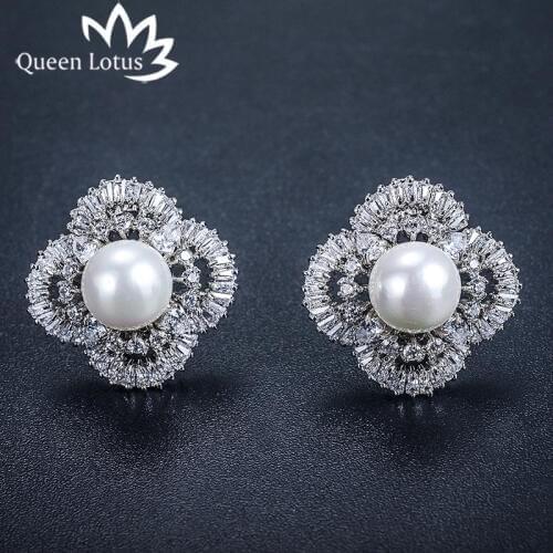 Queen Lotus New High Quality AAA Zircon Pearl Stud Earrings For Women Wedding Jewelry bague femme