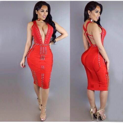 Top Quality Women Sleeveless Bandage Red Black Dress V-Neck Elegant Dress Solid Beading Special Occasion Dresses New Arrival