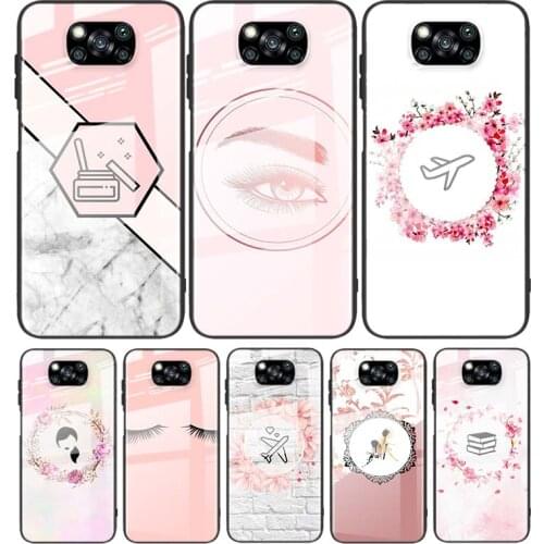 Tempered Glass Cover Luxury Pink Eyelash Print For Xiaomi Mi POCO F3 F2 X3 NFC X2 M2 Pro Shockproof Shell Phone Case