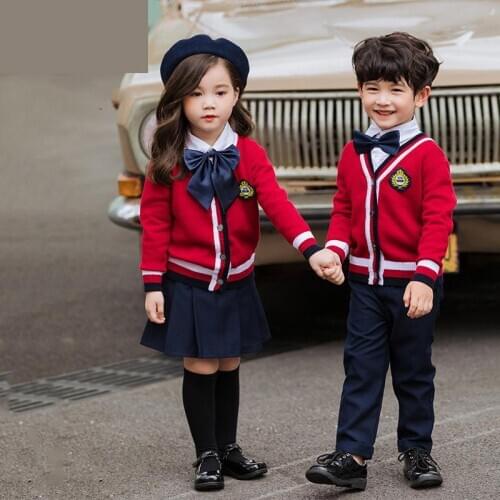 Children Korean Japanese School Uniform Girls Boys Red Sweater Top Skirt Pants Knitted Suit Students Clothes Chorus Costumes