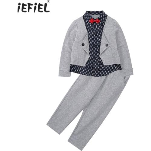Kids Boys Outfits Long Sleeve Polka Dots Print Gentleman Shirt Tops + Pants 2Pcs Boys Clothes Set For Pageant Wedding Party
