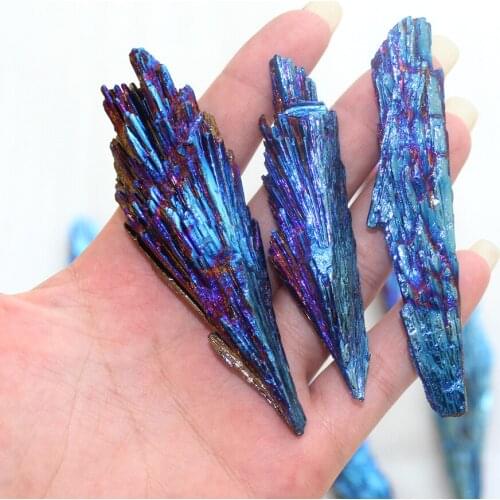 Electroplated black tourmaline, peacock blue flame feather crystal cluster mineral specimen, rainbow titanium crystal