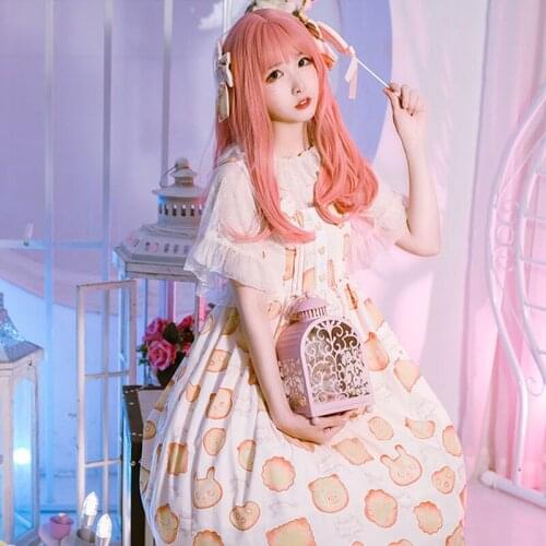 Jsk Summer Japanese Cute Cartoon Biscuit Print Suspender Baby Doll Dress For Women Vintage Soft Girl Kawaii Lolita Dress Vestido
