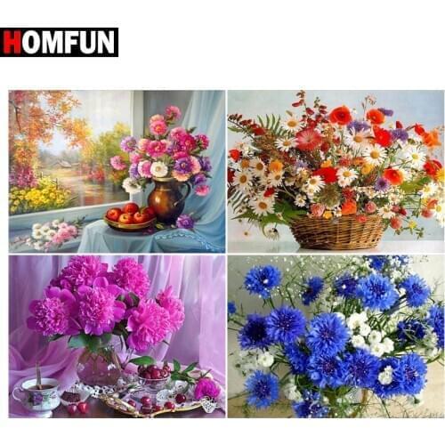 HOMFUN Paint With Diamond Embroidery "Flower vase window" Diamond Painting Full Square Round Picture Of Rhinestone Decor