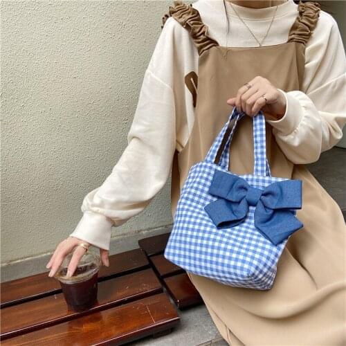 Korean Small Canvas Tote Bag for Women 2021 Fashion Bowknot Plaid Female Handbags Cotton Cloth Lunch Bag Fashion Shopping Bags