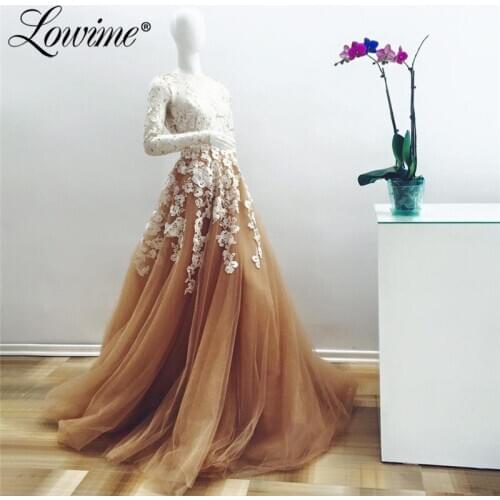 Champagne Lace Applique Evening Dresses Saudi Arabia Long Sleeves Vestidos De Festa Formal Party Gowns 2021 A Line Prom Dresses