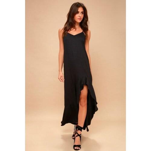 Summer New Commuting Casual Womens Personality Black V Sleeveless Lender Loose Lotus Leaf Long Dress