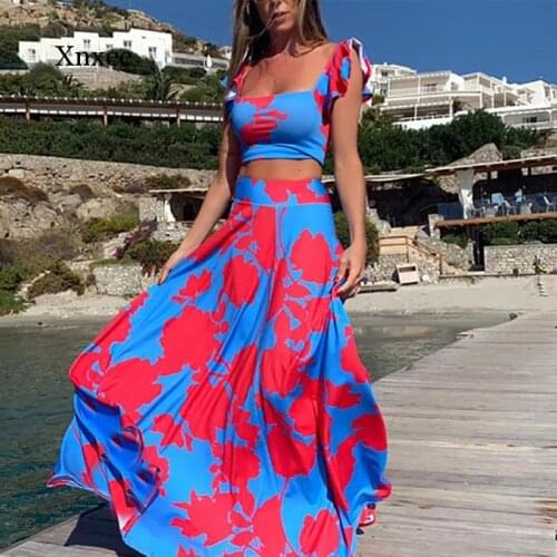 Summer 2 Piece Set Women Printed Boho Sexy Beach Dresses Set Crop Top High Waist Long Skirt Set Plus Size Maxi Matching Sets