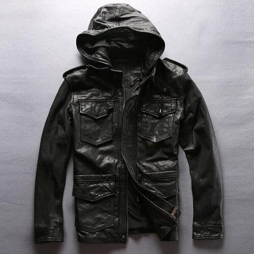 Mens sheepskin hooded genuine leather motorcycle biker flight jacket brand vintage European American Hat Detachable Coat