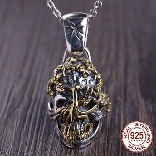Male Necklace 100% Real 925 sterling silver Black Buddha Dragon Skull Pendant Bead Necklace Women Men jewelry Gifts Free Shiping