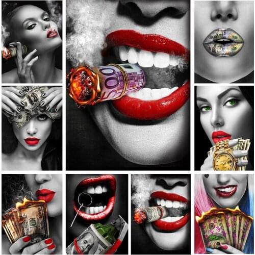 Canvas Wall Art Poster Red Lips Smoking Woman Watch Picture Burning Dollars Money Canvas Painting Home Decoration Living Room
