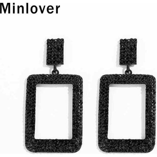 Minlover New Vintage Big Square Drop Earrings for Women Black Crystal Bride Geometric Statement Hanging Earrings Jewelry MEH1461