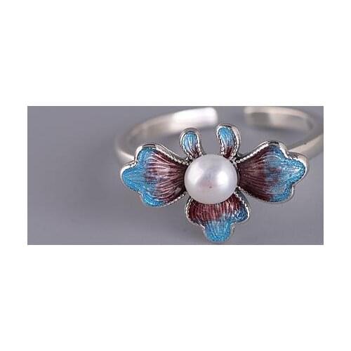 Original design peony flower opening adjustable ring Chinese style retro elegant fresh charm women silver pearl jewelry